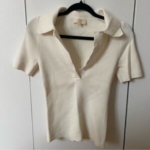 Ribbed Short-Sleeve Polo Top - Cream